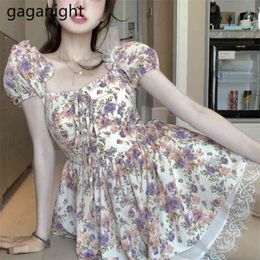 Women Summer Lace Ruffles Floral Print Dress Boho Square Collar Puff Sleeve Mini Chiffon Dresses Vestidos Femme 210601