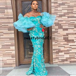 Green Mermaid Prom Dress 2021 Off Shoulder Appliques Lace Aso Ebi African Nigerian Evening Gowns vestidos de noche