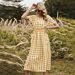 Summer Dress Women Cotton OL Casual Short Sleeve Elegant Dresses Female O-neck Plaid Yellow Dress Boho Robe Femme Long Vestidos 210521