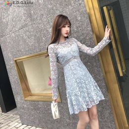 Casual Dresses EDGLulu Lace Dress White Pink Blue Korean Long Sleeve Spring Runway Mini 2021 High Quality Elegant See Through