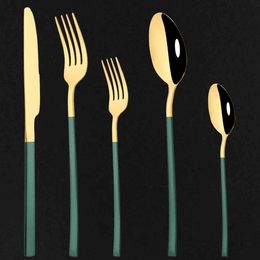 5Pcs Mirror Dinnerware Green Gold Stainless Steel Flatware Cutlery Silverware Black Dinner Knife Dessert Fork Tea Spoon Set