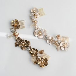 Antique Gold Floral Long Comb Bridal Leaf Women Headpiece Handmade Wedding Accessories Hair Jewellery