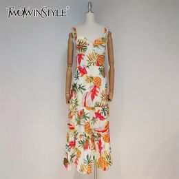 Casual Print Sling Dress For Women V Neck Sleeveless High Waist Slim Hit Colour Midi Dresses Female Summer 210520