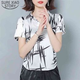 Fashion Print Shirt Plus Size Women Clothes Summer Short Sleeve Office Lady Tops Satin Blouse Blusas 9230 50 210506