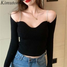 Kimutomo Vintage Square Collar Knitted Sweater Women French Style Spring Chic Female Chain Solid Long Sleeve Short Top 210521