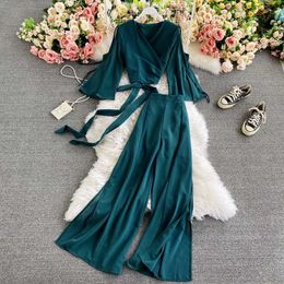 Women Bandage Two Piece Set Spring Autumn Solid Blue/Red/Green Long Sleeve Short Tops And High Waist Split Pants Female Suit New Y0625