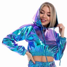 Sexy Cropped Holographic Hoodies Women Shiny PU Metallic Hoody Long Sleeve Short Sweatshirt with Drawstring Pullovers Streetwear 210805