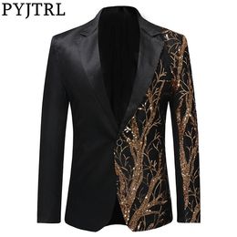 PYJTRL Tide Mens Gold Sequins Slim Fit Black Balzer Hip Hop Stage Singers Prom Dress Suit Jacket Party Jacket Men X0628