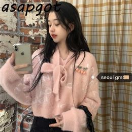 Sweaters Sweet Girls Chic Korean Cute Applique Cherry Bow Pullovers Knitted Sweater Women Letter Jacquard Lace Up Full Sleeve 210610