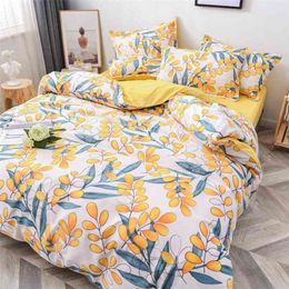 Flower Bedding Set 4pcs Flat Sheet +Duvet Cover Peach Daisy Bed Linen Pillowcase Pastoral style Bedclothes Green Autumn 210831