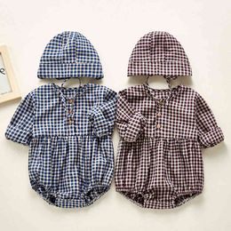 Baby Boy Girl Grid Shirt Rompers And Hat Long Sleeves Spring Autumn born Clothes 210429