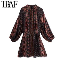 Women Fashion With Buttons Paisley Print Mini Dress Vintage Puff Sleeve Elastic Waist Female Dresses Vestidos 210507