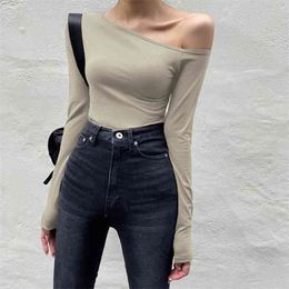 Off Shoulder Khaki Long Sleeve Female Cotton Basic Top Bodysuit Women Sexy Autumn Winter Stretch Elegant Ladies Woman Body 210510