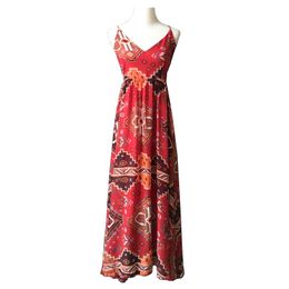 Red Bohemian Boho Print Geometric Strap Sleeveless Backless Cross Maxi Long Dress Summer Vocation Holiday Beach D0594 210514