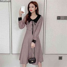 Sping Autumn Women Vintage Plaid Dress Korean Long Sleeve Lace Up Buttons Tunic Elegant Party Dresses 210513