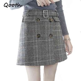 Qooth Autumn Skirts Women's Fashion Plaid Skirt Casual Khaki Grey Mini Short Skort With Sashes Belt Safe Pant Inside QH999 210518
