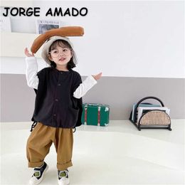 Spring Baby Girls Boys 3-pcs Sets White T-shirt + Black Sleeveless Jacket Wide Leg Pants Kids Clothes E5022 210610