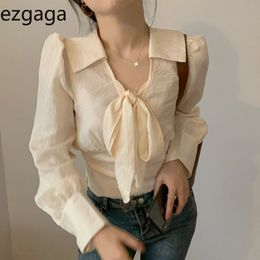 Ezgaaga Vintage Shirts Women Turn-Down Collar Lace Up Bowknot Office Lady Elegant Long Sleeve Ruched Stretch Ladies Tops Fashion 210430