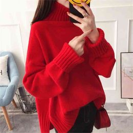 Fashion Thick High Collar Red Pink Knitted Sweater Women Tops Autumn Winter Loose 3 Colour Knit Turtleneck Pullover Ladies Jumper 210922