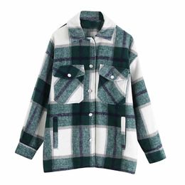 Green plaid Jacket and Coat Fashion button long sleeve Shirt Coat casual office warm outwear oversized ladies jackets 210521