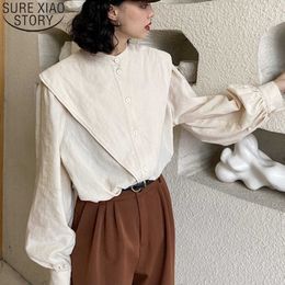 Spring Vintage White Cotton Linen Blouses Korean Office Blouse Women Lantern Sleeve Autumn Casual Button Up Ladies Shirt 12382 210527