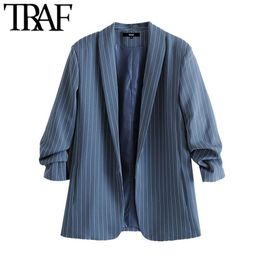 Women Fashion Office Wear Plaid Blazers Coat Vintage Pleated Sleeves Pockets Female Outerwear Chic Tops 210507