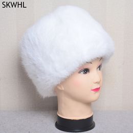Women Rabbit Fur Bomber Hat Winter Warm Ladies Thick Natural Real Russia Genuine Cap