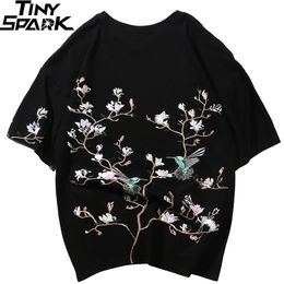 Hip Hop T Shirt Men Streetwear Haruku Tshirt Embroidery Floral Magpie Summer Short Sleeve T-shirt Cotton Japanese Style 210329