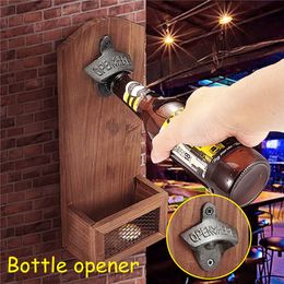 Wall Mounted Bottle Opener Kitchen Gadgets Wine Beer Can Opener Wood Kitchen Tools Accessories Bar Drinking Supplies Home Decor 210319