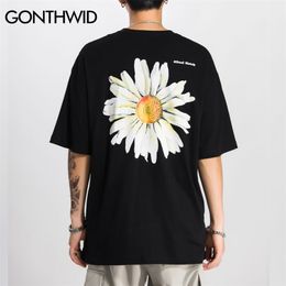 GONTHWID Harajuku Daisy Flower Print Tshirts Casual Streetwear Short Sleeve Tops Tees Men Hip Hop Fashion Summer T Shirts Male 210329