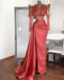 Gorgeous Coral Satin Mermaid Evening Dresses 2021 Sexy V Neck Long Sleeve High Slit Beaded African Women Formal Prom Party Gowns263V