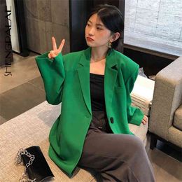 Autumn Women's Blazer Green Fashion One Button Design Siut Collar Large Size Casual Long Sleeve Suit Coat ZC185 210427