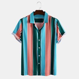 Mens Colorful Striped Short Sleeve camisas de hombre Blue Pink Shirt Casual Turn Down Collar Shirts 210527