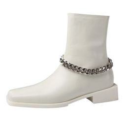 Size 33-40 Women Genuine Leather Ankle Boots Zipper Loe Heel Square Toe Metal Chains Cool Outdoor Female Footwear