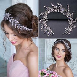 Luxury Silver Colour Hair Jewellery For Women Pink Rhinestone Pearl Headband Handmade Bridal Hairbands Wedding Hair Accessories X0625