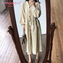 Aelegantmis Korean Loose Corduroy Dress Women High Waist Soft Warm V Neck Oversize Female Chic Vintage Vestidos Mujer 210607
