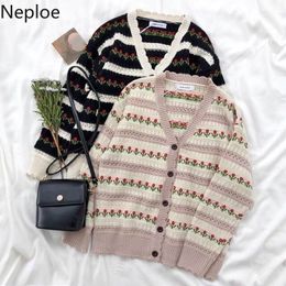 Neploe Sweater for Women Japanses Knitted Cardigan V-neck Long Sleeve Print Coat Female Loose Vintage Sueter Tops Mujer 210422