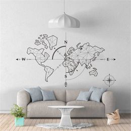Large World Map Compass Earth Wall Sticker Office Classroom World Map Global Exploration Adventure Wall Decal Vinyl Decor 210705