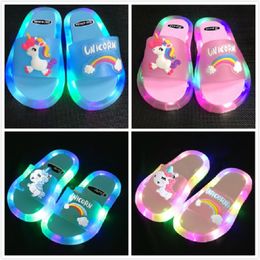 DHL Rainbow Unicorn Slippers for Boys Girls LED Light Summer Kids Beach Shoes Baby Toddler Soft Indoor Slipper Children Sandals