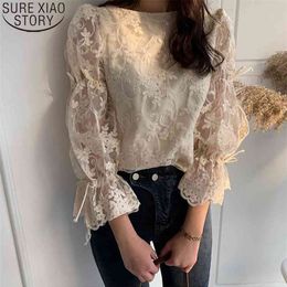 korean chic apricot women lace blouse back lace-up shirt O-neck delicate Embroidered Lace Shirt Temperament ladies tops 12361 210506