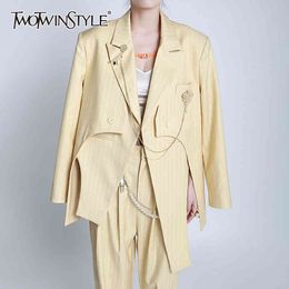 Irregular Hem Women's Coat For Female Lapel Collar Long Sleeve Loose Patchwork Print Strap Coats 210524