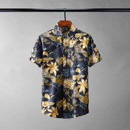 Short Sleeve Male Shirts Luxury Golden Leaves Printed Casual Party Mens Dress Shirts Summer Slim Man Shirts Plus Size 4xl