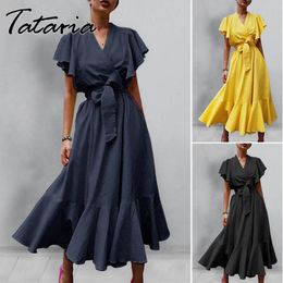 Summer Ruffle Dress Women Fashion High Waist Lace Up Sleeve V-neck Maxi es for Mid-length Female Yellow 210514