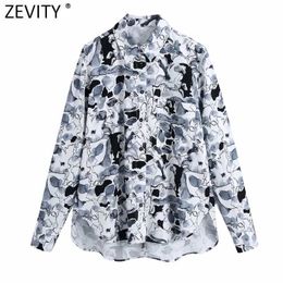 Zevity Women Vintage Ink Graffiti Print Smock Blouse Female Casual Pockets Shirts Chic Business Kimono Blusas Tops LS7714 210603