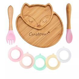 Custom Baby Bamboo Feeding Bowl Spoon Fork Pattern Food Tableware Kids Wooden Training Plate Silicone Suction Cup Removable 211026