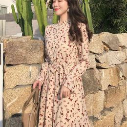 Spring Autumn Women Boho Dresses Casual Oversized Female Floral Fashion Vintage Loose Belt Lades Chiffon Dress Femme Vestidos 210514