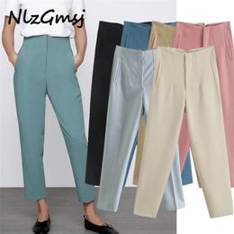 Pant Women High Waisted Pants Fashion Office Beige Chic Button Zip Elegant Pink Casual Woman 03 210628