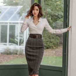 Spring Han Edition Autumn Style Lapel Crossover V-Neck Fold Of Tall Waist Lattice Cultivate One's Morality Dress 210514