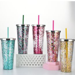 24OZ Glitter Straight Water Cup Double Layer Plastic Fashion Tumbler with Straws Summer Party Adults Drinking Mug