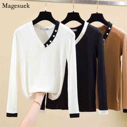 Spring Knitted Woman T-shirts Tops Long Sleeve V Neck T Shirt Women High Stretch Solid Office Ladies TShirts Femme 13283 210512